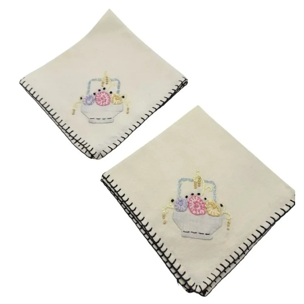 Embroidered Linen Napkins Vintage Easter Basket Embroidery 10 X 10” Set of 4